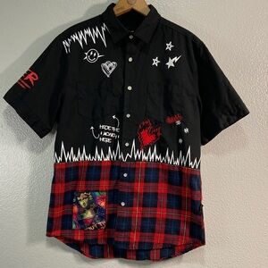 KLEEP Flame Salvador Dali Mixed Print Plaid Flannel Button up Punk Shirt sz M